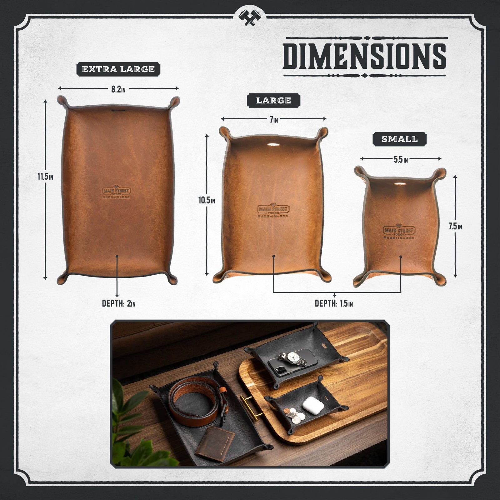 Main Street Forge Small Goods Large / Rustic Montana Full Grain Leather Valet Tray - Charging Station for Nightstand, Table, Bedroom, Kitchen, Office 816895025246