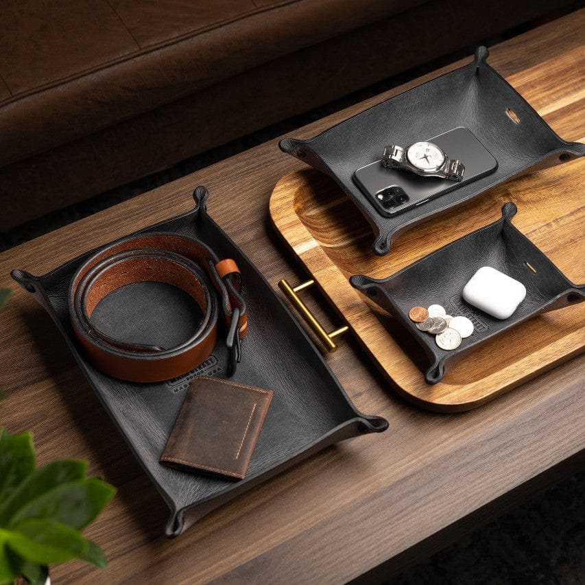 Main Street Forge Small Goods Full Grain Leather Valet Tray - Charging Station for Nightstand, Table, Bedroom, Kitchen, Office