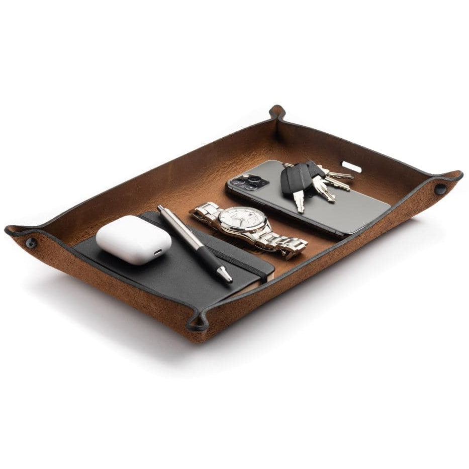 Main Street Forge Small Goods Extra Large / Rustic Montana Full Grain Leather Valet Tray - Charging Station for Nightstand, Table, Bedroom, Kitchen, Office 816895028520