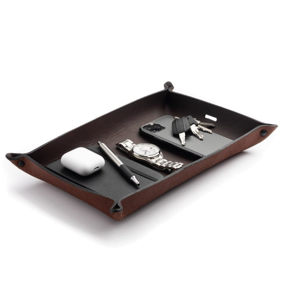 Main Street Forge Small Goods Extra Large / Whiskey Barrel Brown Full Grain Leather Valet Tray - Charging Station for Nightstand, Table, Bedroom, Kitchen, Office 816895028490