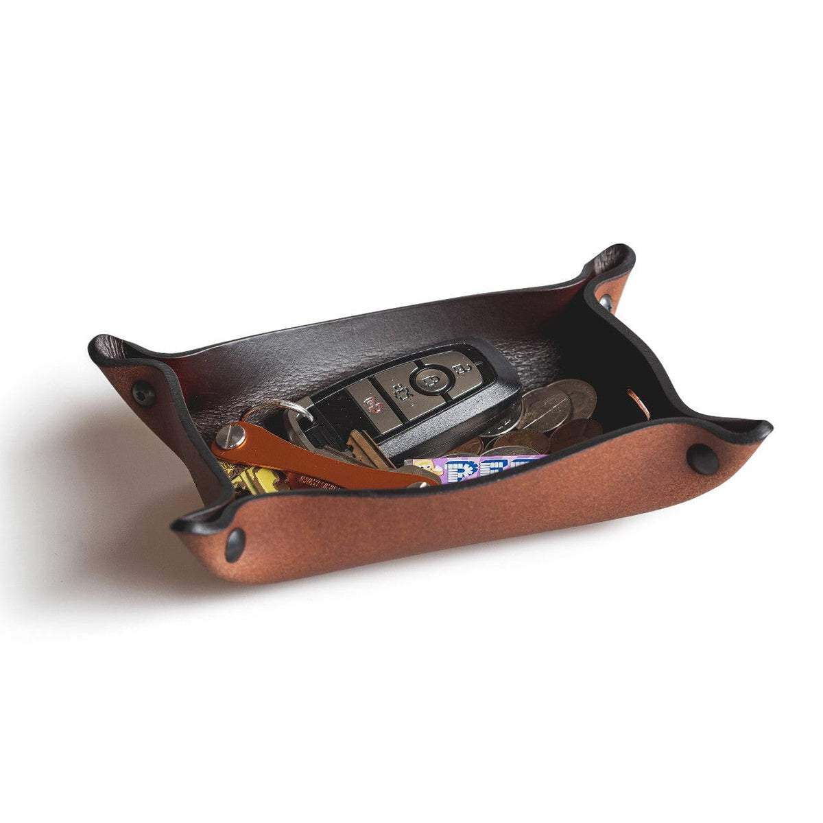 Main Street Forge Small Goods Small / Whiskey Barrel Brown Full Grain Leather Valet Tray - Charging Station for Nightstand, Table, Bedroom, Kitchen, Office 816895023150