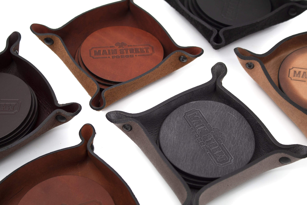 Main Street Forge Small Goods Leather Coaster Set with Tray | Hand Made in USA | Rustic Modern Design