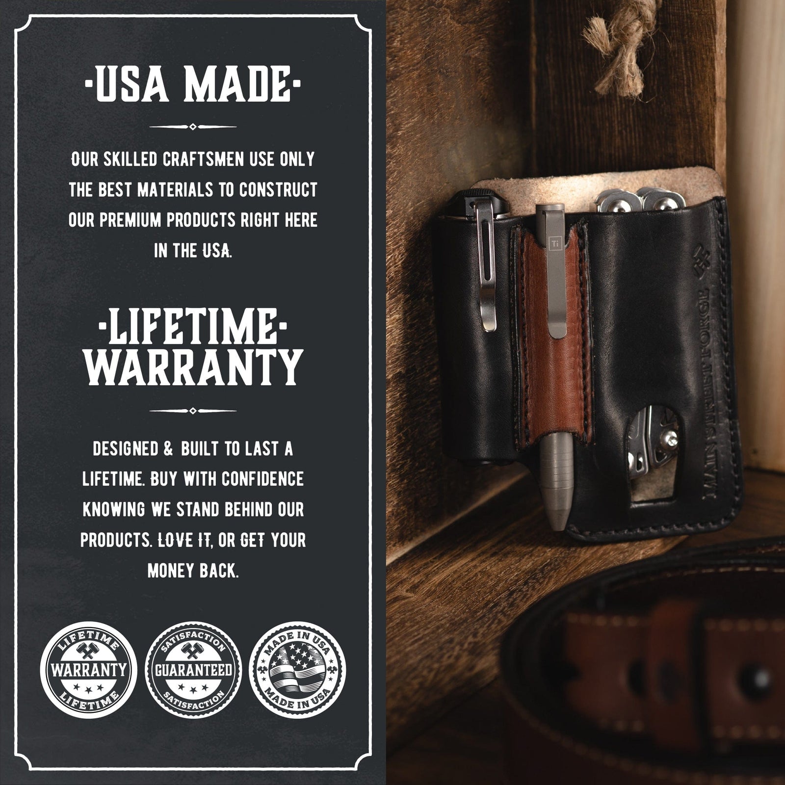 Main Street Forge EDC Leather EDC Pouch - Belt clip Multitool, Flashlight & Pen Sheath