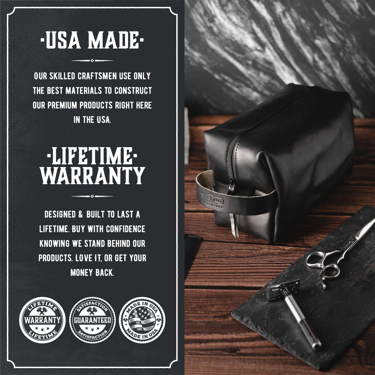Main Street Forge Premium Full Grain Leather Toiletry Bag for Men | Made in USA | Travel Pack for Shaving Essentials & Accessories | Compact, Lightweight Mens Bathroom & Shower Case
